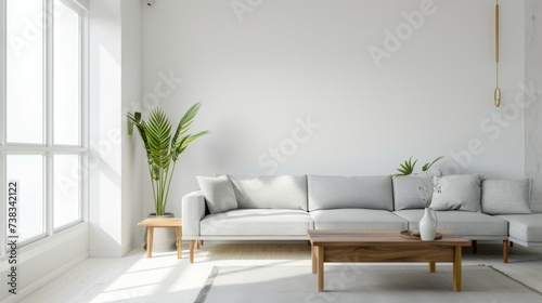 Minimalist Living Room with Gray Sectional Sofa AI Generated. © ArquitecAi