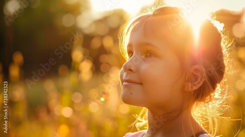 Amidst the warmth and brightness of a summer day  a young girl gazes up at the radiant sun  her human face glowing with wonder and joy