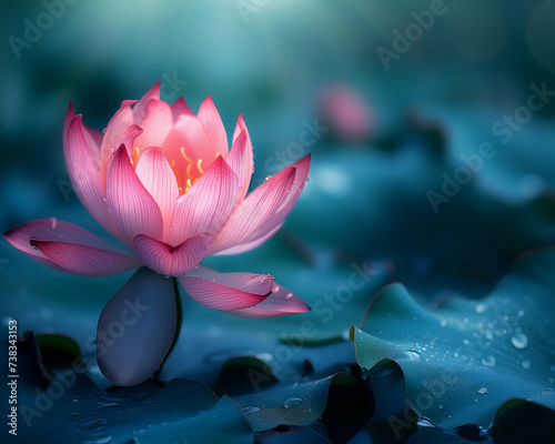 Vibrant pink lotus flower with water droplets on its petals  floating on dark water with sunbeams filtering through