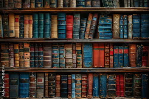 Vintage background with bookshelves. Many old books in a bookstore or library