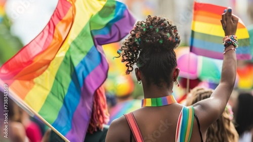 A vibrant woman proudly waves her rainbow flag at a colorful outdoor festival, adorned in fashionable accessories and clothing, embodying the spirit of celebration and acceptance