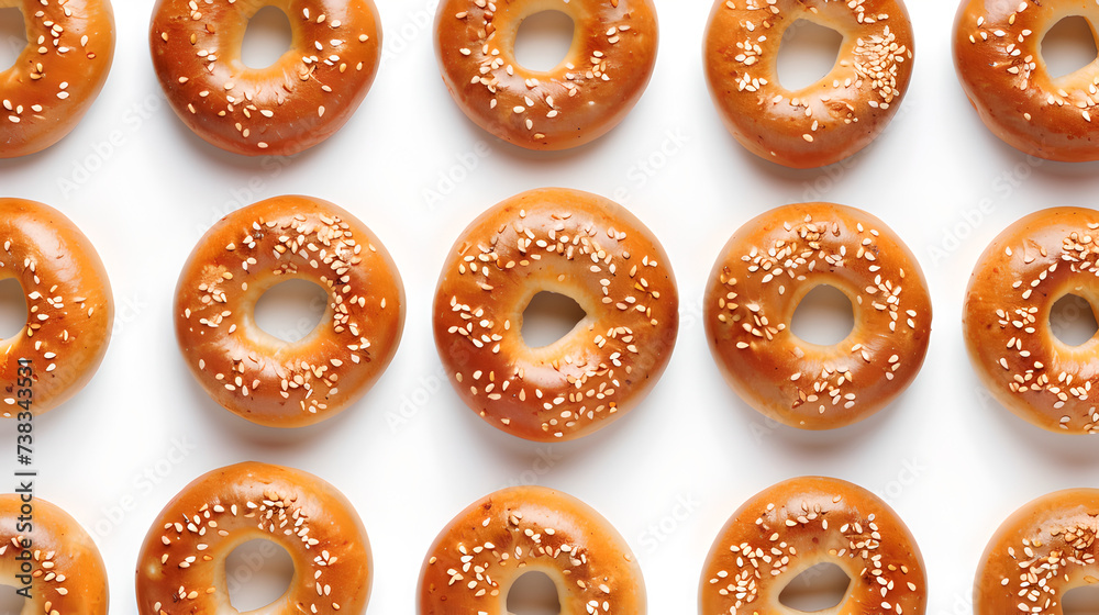 top down view of fresh baked sesame seed bagels on white background top down view of fresh baked sesame seed bagels on white background