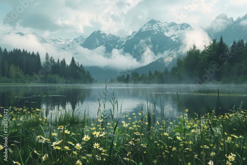 A serene lake nestled among majestic mountains, adorned with colorful flowers and shrouded in mist, surrounded by untouched wilderness and tall grass, under a sky filled with clouds and towering tree