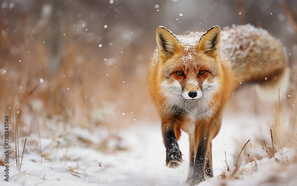 Fototapeta premium Fox walking with snow. Generative AI