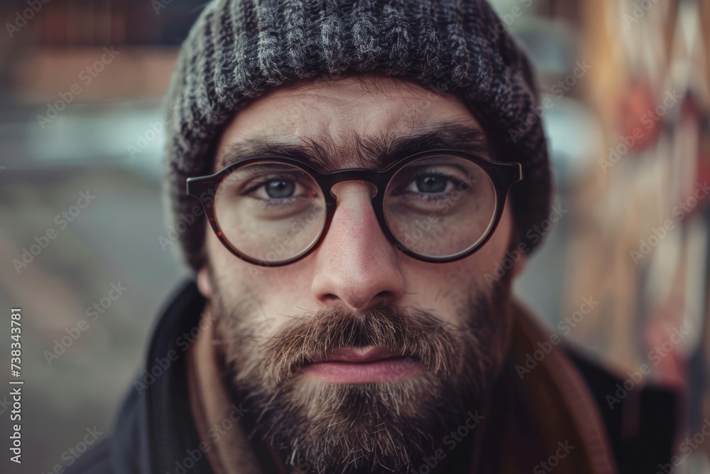 A rugged man with a warm knit cap and glasses frames his face, accentuating his sharp jawline and striking moustache, exuding confidence and intellect A rugged man with a warm knit cap and glasses frames his face, accentuating his sharp jawline and striking moustache, exuding confidence and intellect