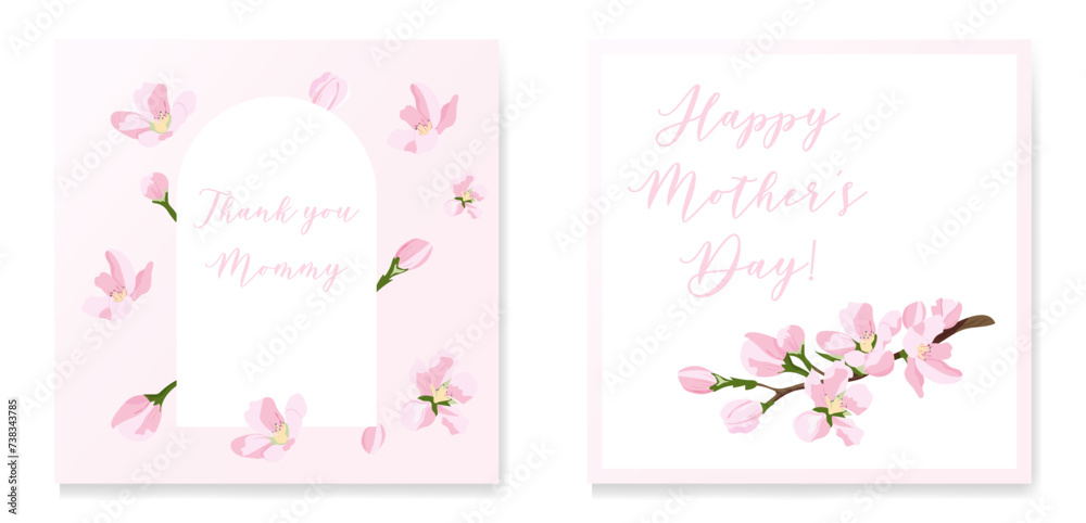 Mothers Day.  A set of postcards. My beloved mother. Postcards with flowers. My mom. An apple branch with flowers. Wildflowers.