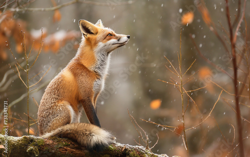 Side view of fox sitting on ground in the woods with snow. Generative AI © Nipawan