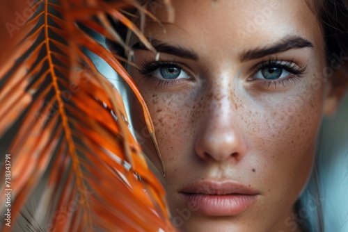 A captivating portrait of a freckled woman gazing into the camera, her expressive eyes and delicate features highlighted by the soft lighting, inviting the viewer to explore the beauty of human imper