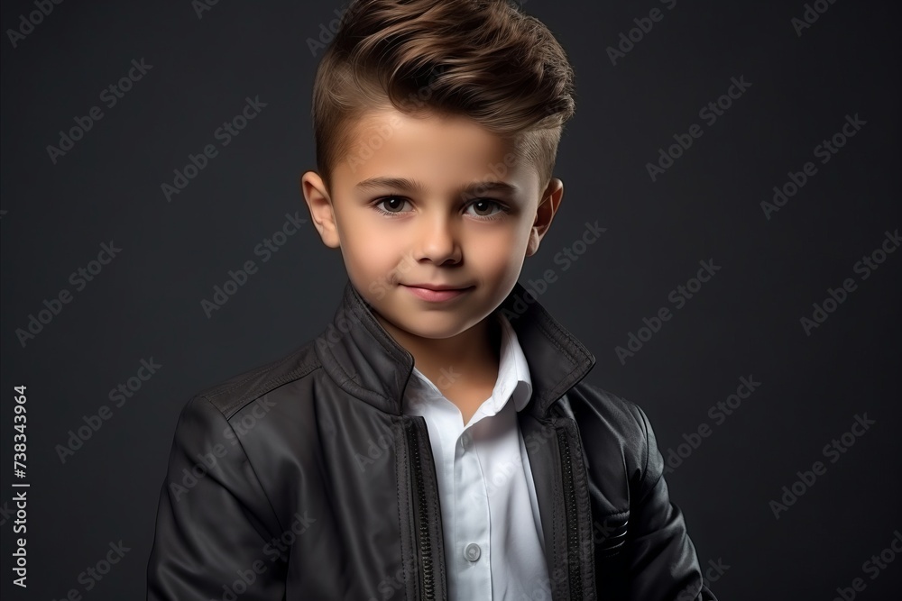 Portrait of a cute little boy in a black leather jacket. Studio shot. Portrait of a cute little boy in a black leather jacket. Studio shot.