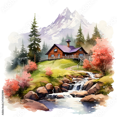 Watercolor, landscape with houses onear the lake, forest and mountains photo