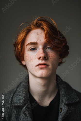 A fiery-haired individual gazes directly at the camera, their freckled skin glowing under the warm indoor lighting, their perfectly arched eyebrows framing their expressive face, while their lips are