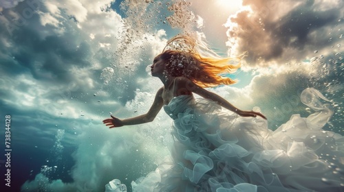 A graceful woman glides through the crystal blue depths, her white dress billowing around her as she explores the tranquil underwater world in this stunning cg artwork