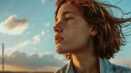 A carefree woman gazes into the vast sky, her sun-kissed surfer hair framing her brown face as she stands outdoors with the wind at her neck, her lips curved in a peaceful portrait captured in stunni photo