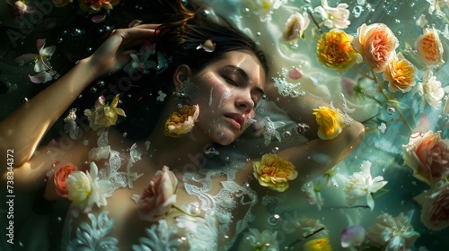 Submerged in a serene sea of petals, a woman's face is illuminated by the sparkling bubbles as she gracefully swims underwater