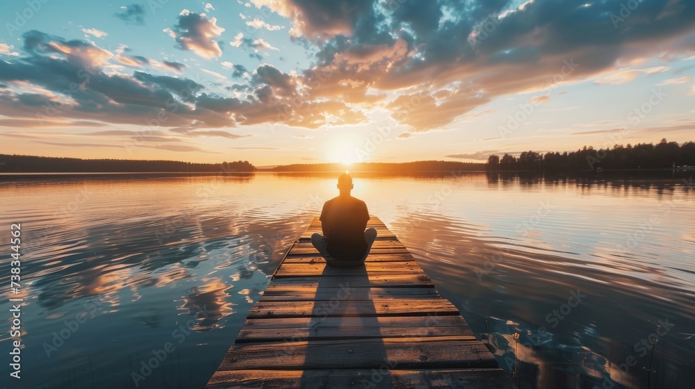 As the sun dips below the horizon, a lone figure sits on the dock, surrounded by the peaceful reflection of the colorful sky over the serene waters of the lake, taking in the beauty of nature's eveni - obrazy, fototapety, plakaty 
