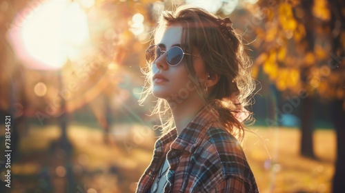A stylish woman with sunglasses and a plaid shirt stands among the autumn trees, her face illuminated by the warm sunlight as she exudes a cool street fashion vibe