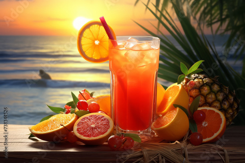 Summer cocktail with fresh fruit and blur beach on background. Generative AI