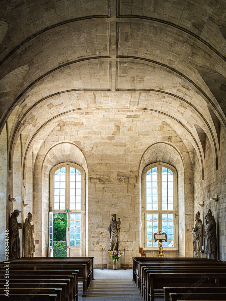 Inside the refectory of a medieval abbey in Normandy