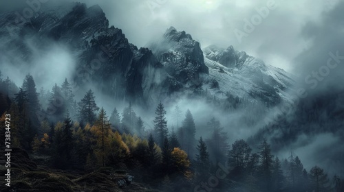 Amidst a misty forest, a majestic mountain stands tall, shrouded in clouds and surrounded by luscious autumn trees of spruce and larch, creating a tranquil and captivating landscape in the wild