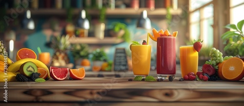 Colorful variety of fresh fruit smoothies and drinks on a wooden table, in a banner format.