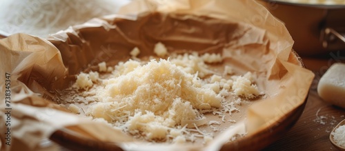 Rustic-style Parmesan Reggiano cheese with wax paper.