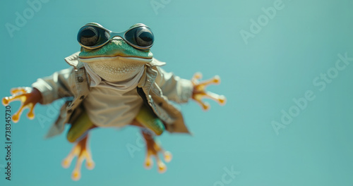Vibrant green frog jumps on a pastel mint green background. Concept of 29 february leap year day.