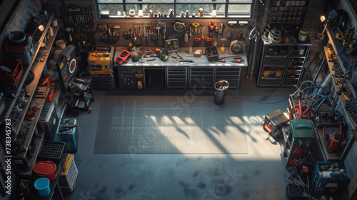 An overhead shot of a well-organized garage with tools, storage bins, and a workbench