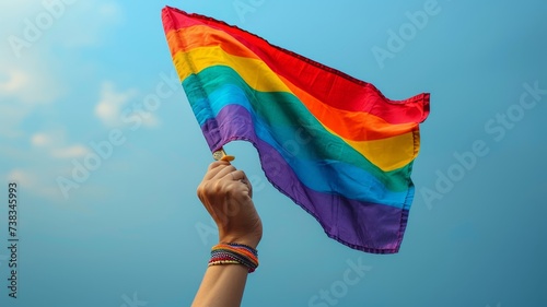 gay man holding lgbt pride flag in clear sky