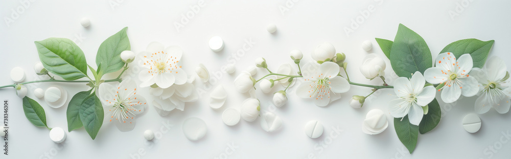 Herbal medicine banner and header for bookmarks and sites. Ethereal light and white flowers; clean panoramic background. Medicinal herbs, blooms, leaves and petals for naturopathy and alternative cure - obrazy, fototapety, plakaty 