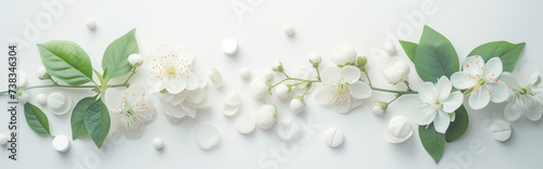 Herbal medicine banner and header for bookmarks and sites. Ethereal light and white flowers; clean panoramic background. Medicinal herbs, blooms, leaves and petals for naturopathy and alternative cure