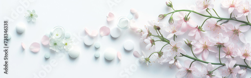 Herbal medicine banner and header for bookmarks and sites. Ethereal light and pink flowers; clean panoramic background. Medicinal herbs, blooms, leaves and petals for naturopathy and alternative cure photo