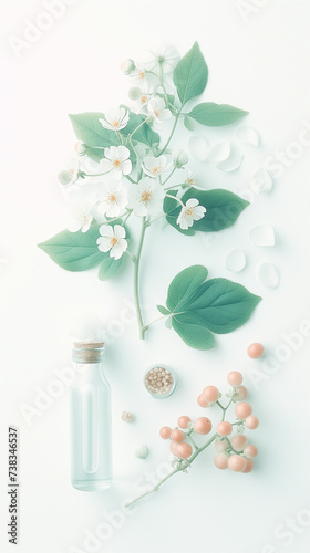 Naturopathy poster; alternative medicine in small bottle, stem of white flowers, leaf and pills. ethereal light with flowers for spa. Herbalist and wellness, medical center advertisements. healthcare