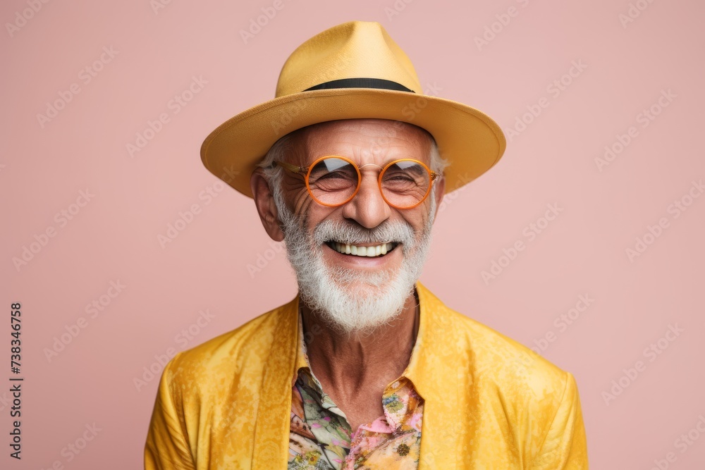 Portrait of happy senior man in hat and sunglasses, isolated on pink background Portrait of happy senior man in hat and sunglasses, isolated on pink background