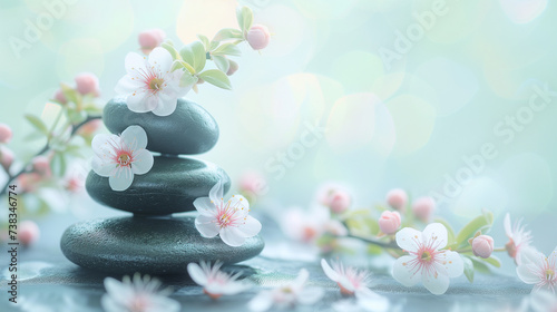 Pile of Zen stones and white flowers. Meditative oriental lifestyle concept. Symbolic calm balance, inner equilibrium with stress relief. Mental rest and connection with nature. Poster with copy space