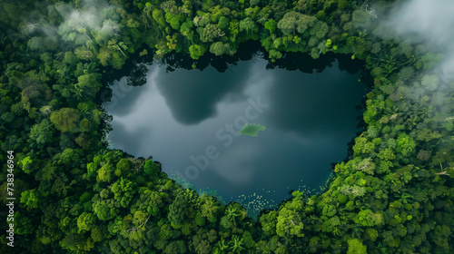 Aerial drone image of a river in the forest