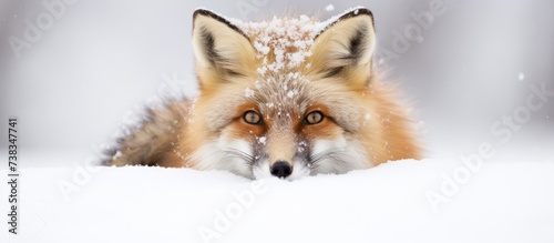 A captive Red Fox (Vulpes vulpes) sits motionless in the snow, its head cocked to one side, curious and observant of its surroundings. © Sona