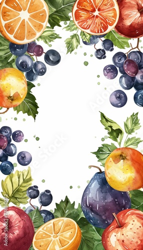 Detailed watercolor frame border with colorful pastel fruits on a white background.