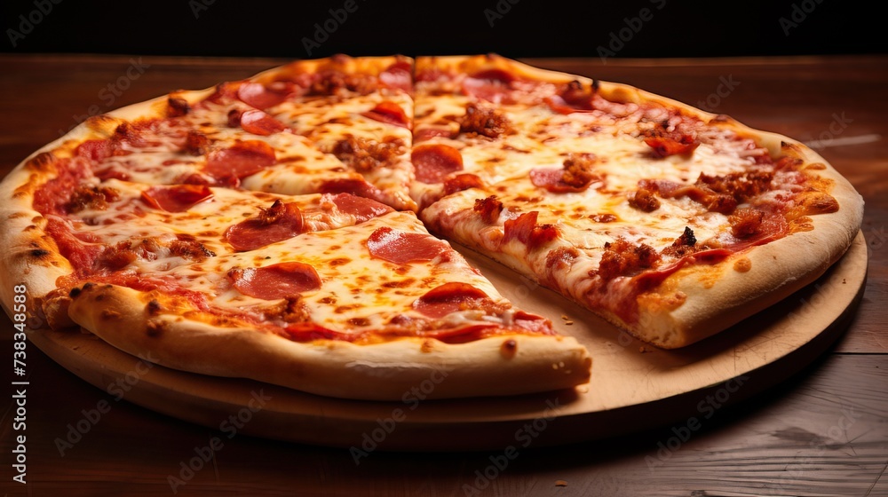 Round pizza placed on a wooden cutting board, which has been sliced, is a delicious and savory dish.
Round pizza placed on a wooden cutting board, which has been sliced, is a delicious and savory dish.