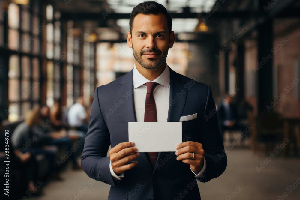 Confident Businessman Presenting a Blank Card in a Modern Office Setting, Open Empty Text Copy Space Used for a Business Professional Seminar Poster, Message Announcement, Invitation, or Sign
