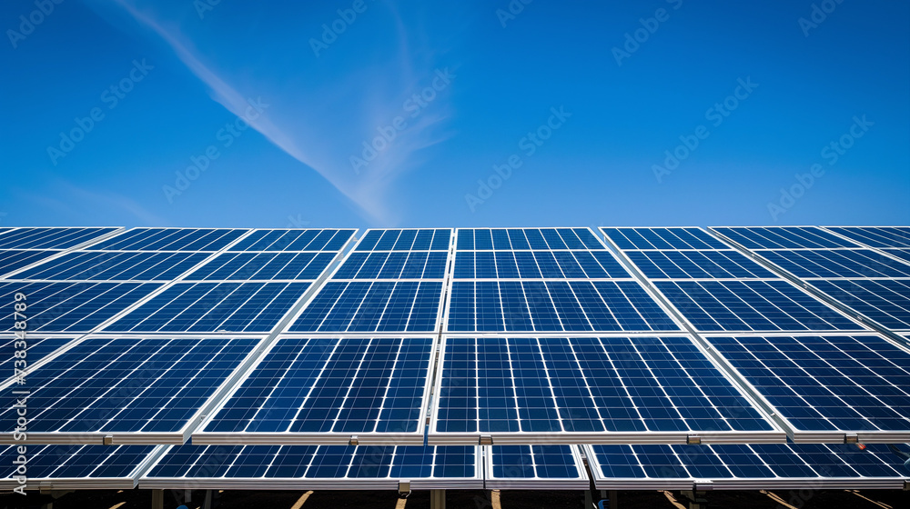 Solar Panels on Clear Blue Sky: Close-up View on Solar Power Plant Panel. Photovoltaic Solar Panels for Sustainable Energy. Solar Panels on Clear Blue Sky: Close-up View on Solar Power Plant Panel. Photovoltaic Solar Panels for Sustainable Energy.