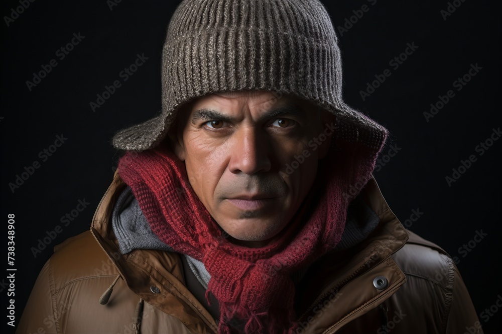 Portrait of a senior man wearing a warm winter hat and scarf
