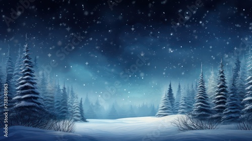 Illustration of a view of snowy mountains, with trees and a background of clusters of stars, at night. © Ahmadi