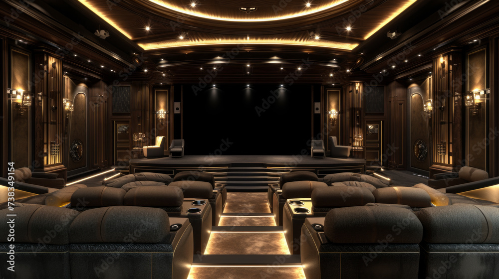 Fototapeta premium A panoramic shot of an immaculately designed home theater with plush seating, a large projection screen, and surround sound speakers
