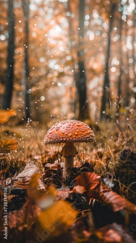 A vibrant agaric mushroom thrives among the fallen leaves in the autumn woods, showcasing the beauty of nature's cyclical growth and decay