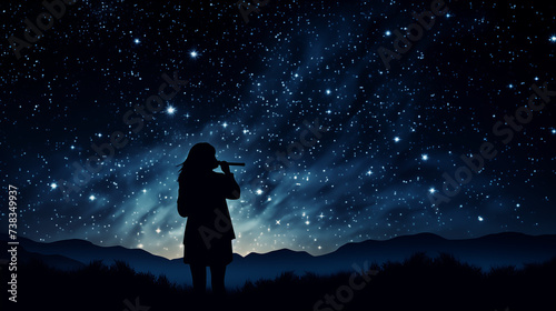 Stargazer Silhouette: Astronomy Enthusiast Observing Starry Night Sky