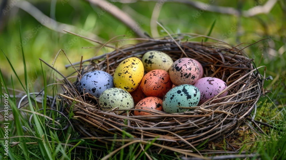 An idyllic spring scene, a bird's aerie adorned with vibrant easter eggs, nestled in the lush grass of the great outdoors An idyllic spring scene, a bird's aerie adorned with vibrant easter eggs, nestled in the lush grass of the great outdoors