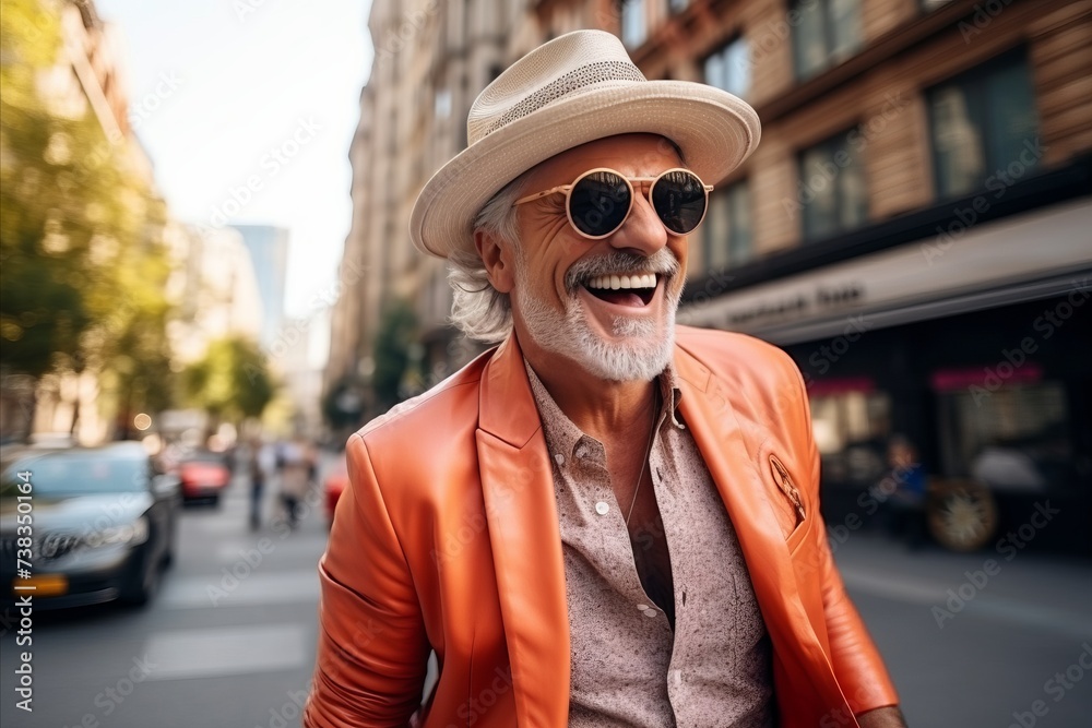 Portrait of a happy senior man in sunglasses and hat walking on the street