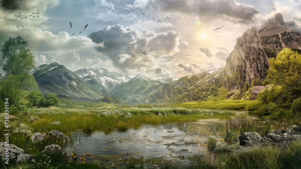 A serene natural landscape with towering mountains, a tranquil lake reflecting the sky, and birds soaring through the clouds, evoking a sense of peaceful wilderness