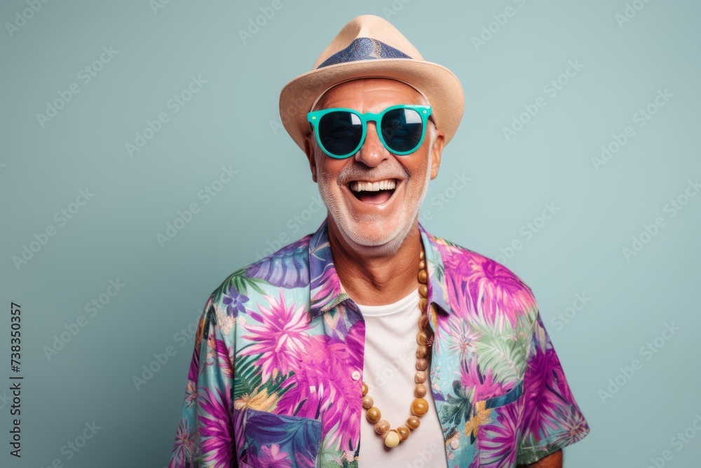 Portrait of a happy senior man in sunglasses and hat on a blue background.