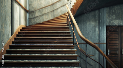 A detailed shot of a minimalist staircase with wooden steps and a metal railing